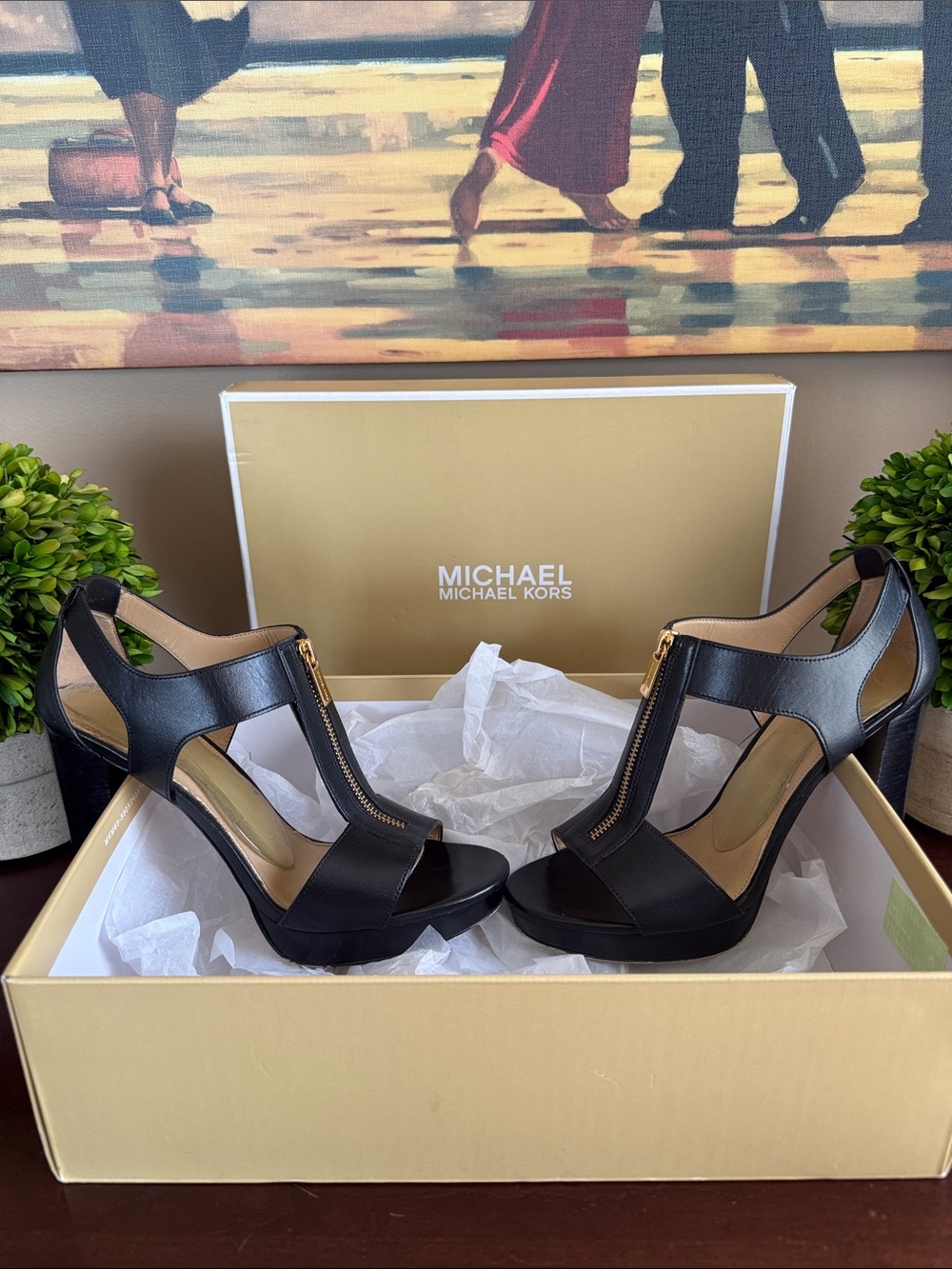 MICHAEL Michael Kors 🖤BERKLEY🖤 BLACK LEATHER T-STRAP ZIP PLATFLORM SIZE 8.5M - Picture 14 of 17
